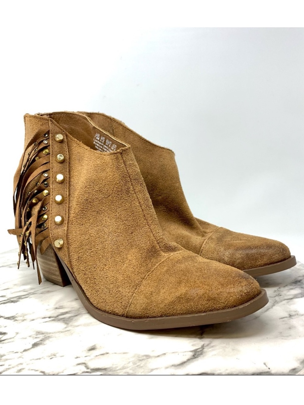Fergie Bennie Brown Suede Studded Fringe Boots 7.5 Boho Prairie Cottagecore Moto